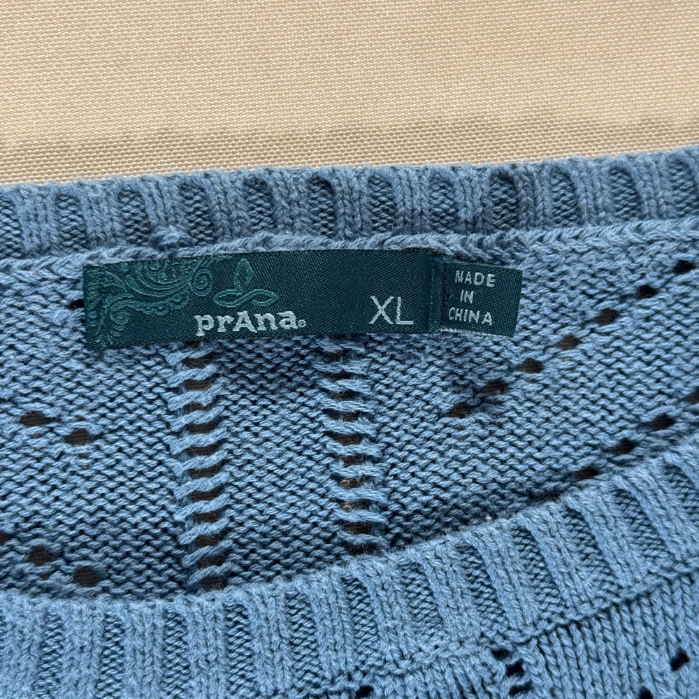Prana Womens XL Blue Organic Cotton Pointelle Chevron Knit Sweater High Low Hem - Picture 4 of 10
